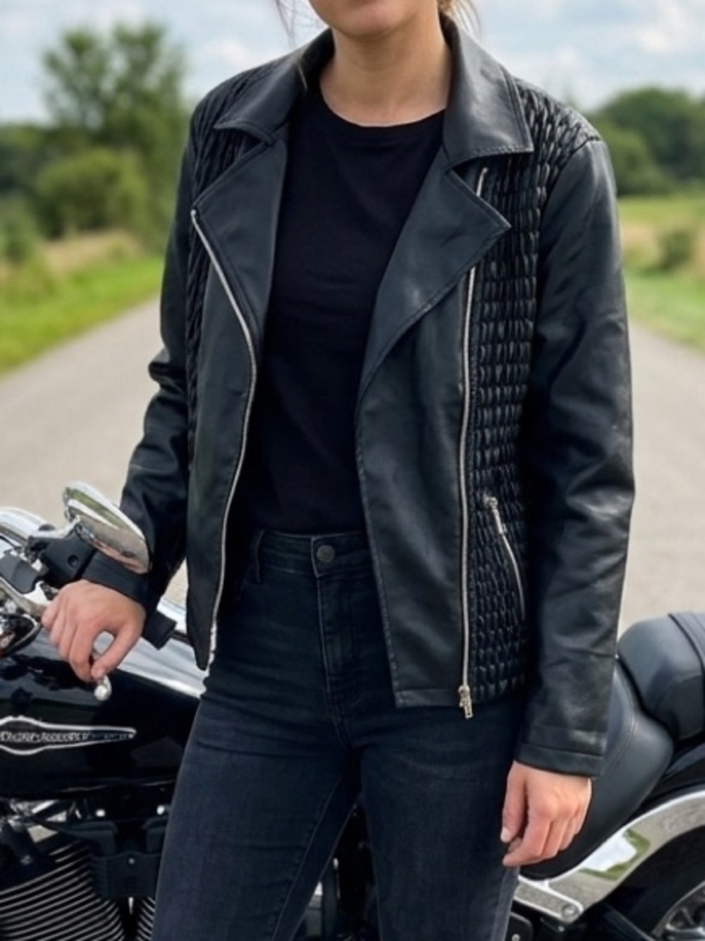 New Look Black Faux Leather Biker Jacket with Smocked Panels 1X